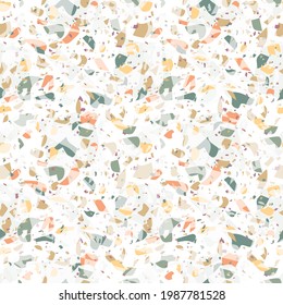 Terrazzo seamless vector pattern in pastel retro colours on white background. Abstract texture of overlapping elements. For wallpaper, stationary, wrapping paper and interiors.