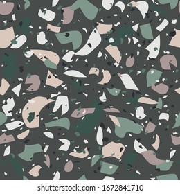 Terrazzo seamless vector pattern in shades of green, white and pink. It is ideal for wallpapers, stationery, wrapping paper and interior textiles.