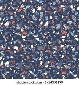 Terrazzo seamless vector pattern in shades of blue, grey and orange. Overlapping elements. For wallpapers, stationary, wrapping paper and interiors.