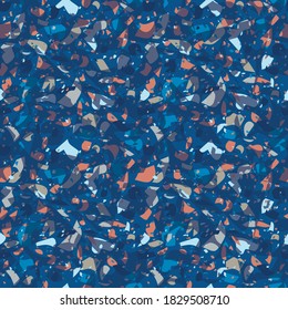 Terrazzo seamless vector pattern in shades of blue, grey and orange on blue background. Overlapping elements. For wallpapers, stationary, wrapping paper and interiors.