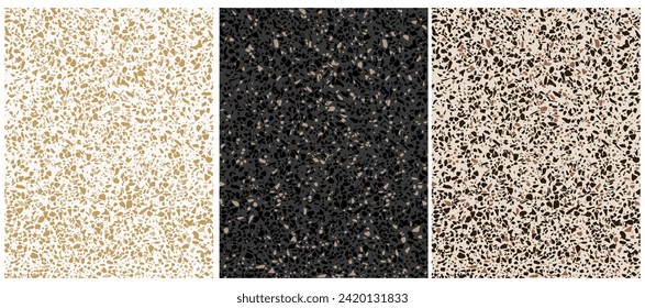 Terrazzo Semless Vector Patterns. Simple Irregular Abstract Geometric Repeatable Prints. Granite Surface Style Endless Design. Gold, Beige and Brown Spots on a White, Black and Beige Background. RGB.
