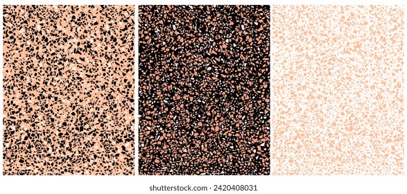 Terrazzo Semless Vector Patterns. Simple Irregular Abstract Geometric Repeatable Prints. Granite Surface Style Endless Design. Hand Drawn Tiny Spots on a White, Black and Peach Fuzz Background. RGB.