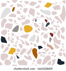 Terrazzo simple minimalist seamless pattern in earthy colors - pastel pink and gray with bold details in mustard yellow, terracota, burnt orange and black. Abstract bohemian mosaic tiles digital paper