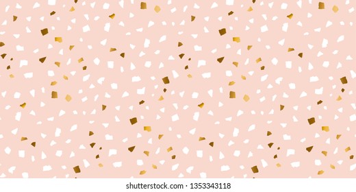 Terrazzo stone marble seamless pattern in pastel rose and golden foil colors. Simple geometric scattered repeatable motif for fabric, wrapping paper, surface design, web background.