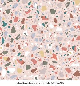 Terrazzo style encaustic tiles flooring material. Textured granito mosaics with chips of glass, marble, metal, stone. Geometric seamless pattern. Abstract vector illustration in beige colour.