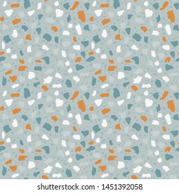 Terrazzo style encaustic tiles flooring material. Textured granito mosaics with chips of glass, marble, metal, stone. Geometric seamless pattern. Abstract vector illustration in blue colour.