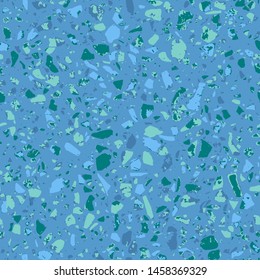 Terrazzo style encaustic tiles flooring material. Textured granito mosaics with chips of glass, marble, metal, stone. Geometric seamless pattern. Abstract vector illustration in blue colour.