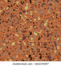 Terrazzo style encaustic tiles flooring material. Textured granito mosaics with chips of glass, marble, metal, stone. Geometric seamless pattern. Abstract vector illustration in brown colour.