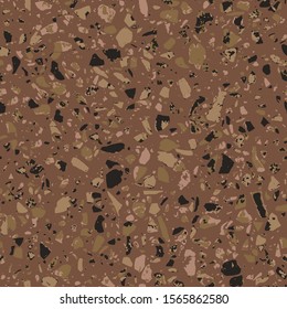 Terrazzo style encaustic tiles flooring material. Textured granito mosaics with chips of glass, marble, metal, stone. Geometric seamless pattern. Abstract vector illustration in brown colour.
