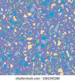 Terrazzo style encaustic tiles flooring material. Textured granito mosaics with chips of glass, marble, metal, stone. Geometric seamless pattern. Abstract vector illustration in blue colour.