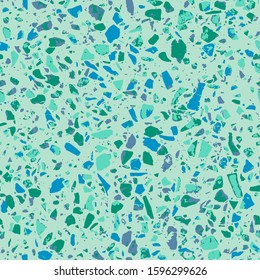 Terrazzo style encaustic tiles flooring material. Textured granito mosaics with chips of glass, marble, metal, stone. Geometric seamless pattern. Abstract vector illustration in blue colour.