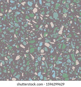 Terrazzo style encaustic tiles flooring material. Textured granito mosaics with chips of glass, marble, metal, stone. Geometric seamless pattern. Abstract vector illustration in grey colour.
