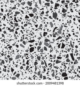 Terrazzo style encaustic tiles flooring material. Textured granito mosaics with chips of glass, marble, metal, stone. Geometric seamless pattern. Abstract vector illustration in grey colour.
