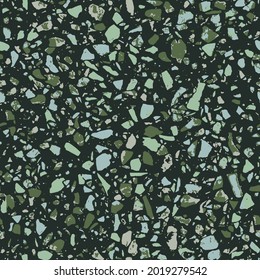 Terrazzo style encaustic tiles flooring material. Textured granito mosaics with chips of glass, marble, metal, stone. Geometric seamless pattern. Abstract vector illustration in vibrant colors.