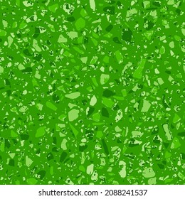 Baldosas encausadas de estilo terrazo de material para el suelo. Mosaicos de granito texturados con chips de vidrio, mármol, metal, piedra. Patrón geométrico sin soldadura. Ilustración vector abstracta en color verde.