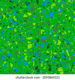 Terrazzo-Stil enaustischen Fliesen Bodenmaterial. Texturierte Granitmosaike mit Chips aus Glas, Marmor, Metall, Stein. Geometrisches nahtloses Muster. Abstrakte Vektorgrafik in grüner Farbe.