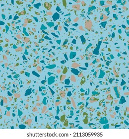Terrazzo style encaustic tiles flooring material. Textured granito mosaics with chips of glass, marble, metal, stone. Geometric seamless pattern. Abstract vector illustration in blue colour.