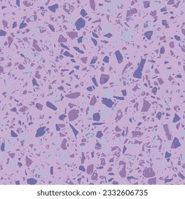Terrazzo style encaustic tiles flooring material. Textured granito mosaics with chips of glass, marble, metal, stone. Geometric seamless pattern. Abstract vector illustration in purple colors.