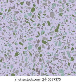 Material de suelo de baldosas encáusticas de estilo Terrazo. Mosaicos de granito texturizado con virutas de vidrio, mármol, metal, piedra. Patrón geométrico sin costuras. Ilustración abstracta del vector en color gris.