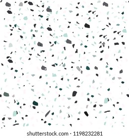 Terrazzo style pattern design on white background with mint green fragments/abstract geometrical seamless pattern EPS10 vector illustration