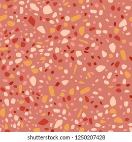 Terrazzo style pattern on dark pink background with orange and red fragments/abstract geometrical seamless pattern EPS10 vector illustration