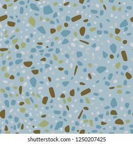 Terrazzo style pattern on light blue background with brown and blue fragments/abstract geometrical seamless pattern EPS10 vector illustration