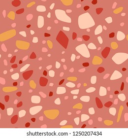 Terrazzo style pattern on pink background with orange, white and red fragments/abstract geometrical seamless pattern EPS10 vector illustration