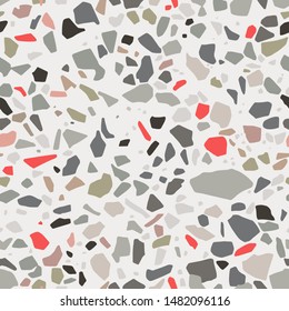 Terrazzo style seamless vector pattern. Polished stone trendy abstract background in grey, red, light colors