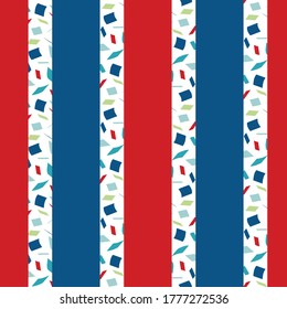 Terrazzo style striped seamless vector pattern background. Alternating irregular fine mosaic texture and stripes blue white, red backdrop. All over print for nautical,beach, ocean vacation concept.