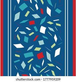 El estilo de Terrazzo rayó el fondo del patrón vectorial sin costuras. Fondo de una amplia franja de textura de mosaico y líneas verticales delgadas. Diseño rojo, blanco azul. Todo impreso para el concepto náutico.