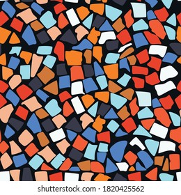 Terrazzo swamless pattern with colorful rock pieces. Abstract backdrop with bright stone sprinkles scattered on black background. Modern illustration for fabric print, wrapping paper, flooring.