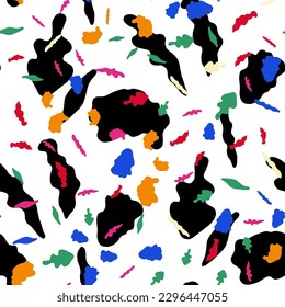 Textura de Terrazzo con manchas o manchas negras y multicolores esparcidas sobre un fondo blanco. Ilustración abstracta moderna y elegante en estilo plano para impresión de tela, papel envolvente, papel tapiz