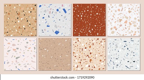 Terrazzo texture classic italian floor composed of natural stone, granite, quartz, marble, glass and concrete. Vector terrazzo veneziano patterns. Stone abstract background for interior design