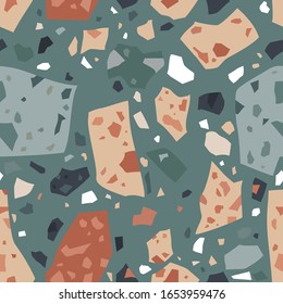 Terrazzo texture. Encaustic tiles flooring material. Granito mosaics with chips of recycled glass, marble, stone. Kitchen and bathtubs subfloor surface. Seamless vector pattern. 
