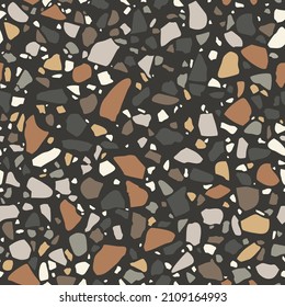 Textura de Terrazzo. Baldosas mordaces en el suelo. Mosaicos de granito con chips de vidrio reciclado, mármol, piedra. Cocina y bañera en el subsuelo. Patrón vectorial transparente 