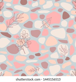 terrazzo texture with plants vector seamless pattern on a gray background