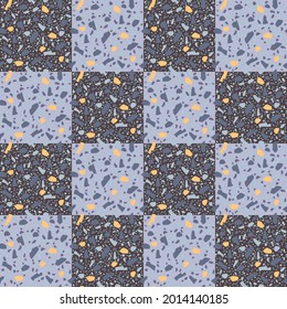 Terrazzo texture vector checkered seamless pattern. Natural color. Geometric shape marble, stone, granite, glass on brown and Purple Very Peri background. Tile, Floor, wall, fabric, textile design.