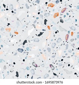 Terrazzo Texture Vector. Flooring Seamless Pattern. Floor Granite Textured. Stone, Rock, Marble Textile Background. Natural Pavement, Mosaic Template. Quartz, Pebble Tile. Design Interior Decor.