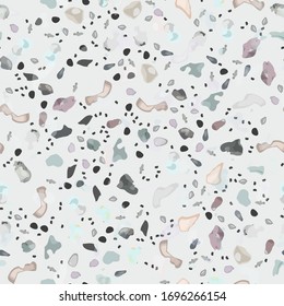 Terrazzo Texture Vector. Flooring Seamless Pattern. Floor Granite Textured. Stone, Rock, Marble Textile Background. Natural Pavement, Mosaic Template. Quartz, Pebble Tile. Design Interior Decor.