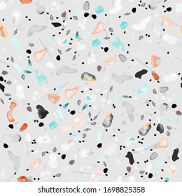 Terrazzo Texture Vector. Flooring Seamless Pattern. Floor Granite Textured. Stone, Rock, Marble Textile Background. Natural Pavement, Mosaic Template. Quartz, Pebble Tile. Design Interior Decor.