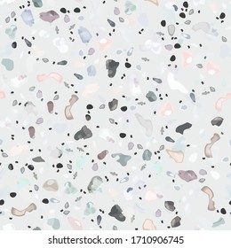 Terrazzo Texture Vector. Flooring Seamless Pattern. Floor Granite Textured. Stone, Rock, Marble Textile Background. Natural Pavement, Mosaic Template. Quartz, Pebble Tile. Design Interior Decor.