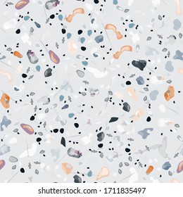 Terrazzo Texture Vector. Flooring Seamless Pattern. Floor Granite Textured. Stone, Rock, Marble Textile Background. Natural Pavement, Mosaic Template. Quartz, Pebble Tile. Design Interior Decor.