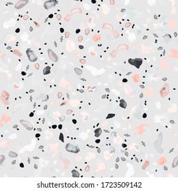 Terrazzo Texture Vector. Flooring Seamless Pattern. Floor Granite Textured. Stone, Rock, Marble Textile Background. Natural Pavement, Mosaic Template. Quartz, Pebble Tile. Design Interior Decor.