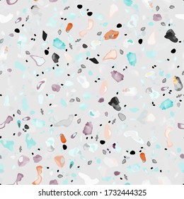 Terrazzo Texture Vector. Flooring Seamless Pattern. Floor Granite Textured. Stone, Rock, Marble Textile Background. Natural Pavement, Mosaic Template. Quartz, Pebble Tile. Design Interior Decor.