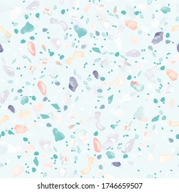 Terrazzo Texture Vector. Flooring Seamless Pattern. Floor Granite Textured. Stone, Rock, Marble Textile Background. Natural Pavement, Mosaic Template. Quartz, Pebble Tile. Design Interior Decor.
