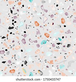 Terrazzo Texture Vector. Flooring Seamless Pattern. Floor Granite Textured. Stone, Rock, Marble Textile Background. Natural Pavement, Mosaic Template. Quartz, Pebble Tile. Design Interior Decor.