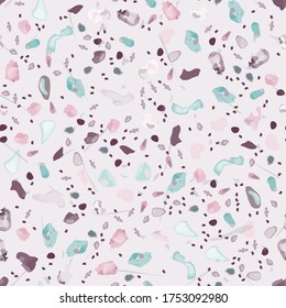 Terrazzo Texture Vector. Flooring Seamless Pattern. Floor Granite Textured. Stone, Rock, Marble Textile Background. Natural Pavement, Mosaic Template. Quartz, Pebble Tile. Design Interior Decor.