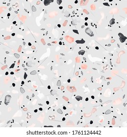 Terrazzo Texture Vector. Flooring Seamless Pattern. Floor Granite Textured. Stone, Rock, Marble Textile Background. Natural Pavement, Mosaic Template. Quartz, Pebble Tile. Design Interior Decor.