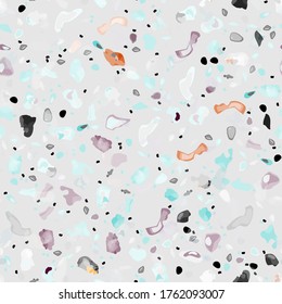 Terrazzo Texture Vector. Flooring Seamless Pattern. Floor Granite Textured. Stone, Rock, Marble Textile Background. Natural Pavement, Mosaic Template. Quartz, Pebble Tile. Design Interior Decor.