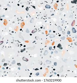 Terrazzo Texture Vector. Flooring Seamless Pattern. Floor Granite Textured. Stone, Rock, Marble Textile Background. Natural Pavement, Mosaic Template. Quartz, Pebble Tile. Design Interior Decor.